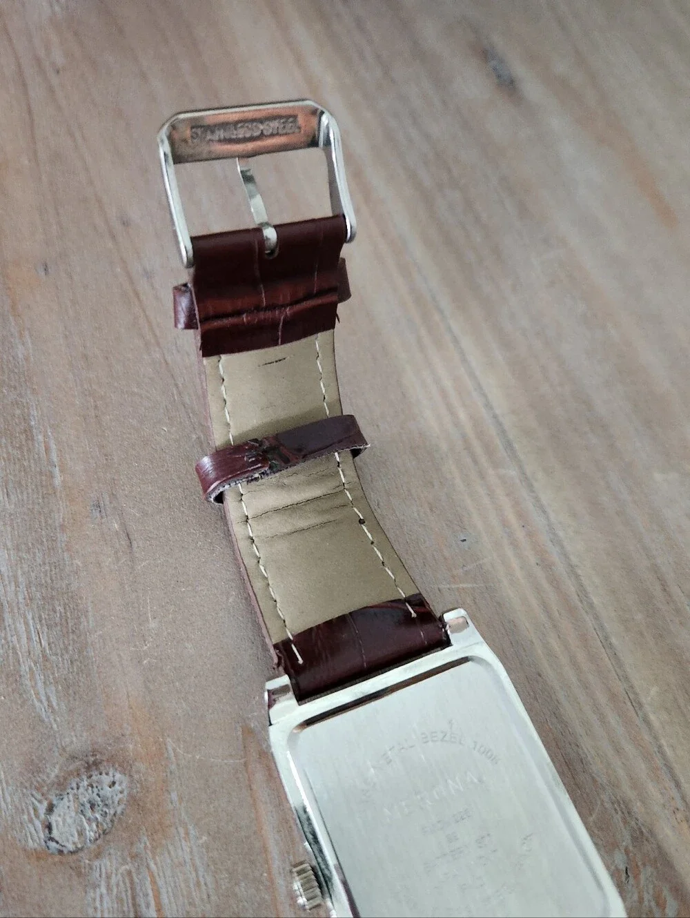 ⌚ Merona Men's Rectangular Dress Watch | Brown Croc-Embossed Strap | New Battery